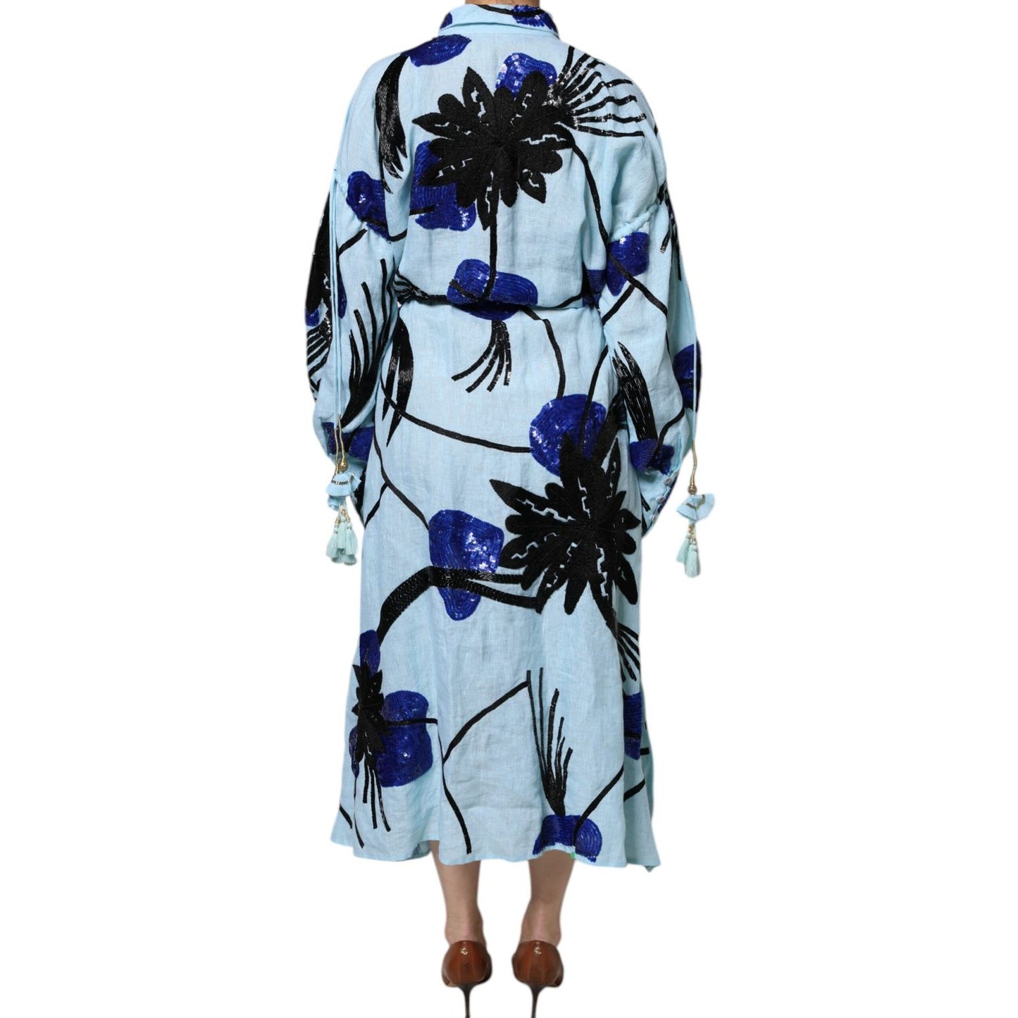 Christian Pellizzari Light Blue Floral Embellished Shirt Maxi Dress