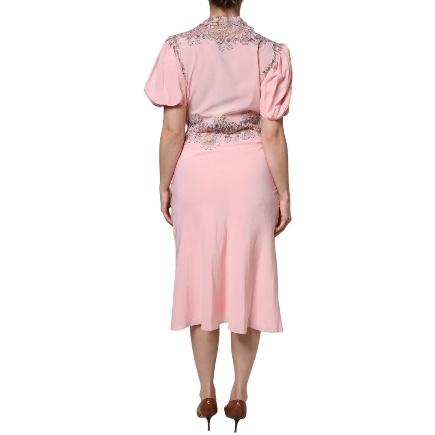 Ermanno Scervino Pink Floral Lace Short Sleeves V-neck Midi Dress