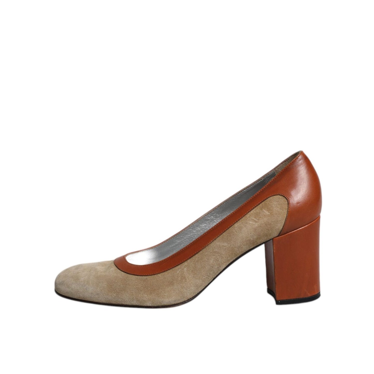 Dolce & Gabbana Beige Brown Leather Block Heels Pumps Shoes