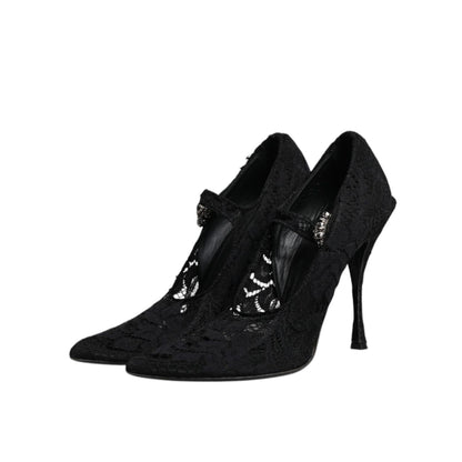 Dolce & Gabbana Black Lace Crystals Mary Jane Pumps Shoes