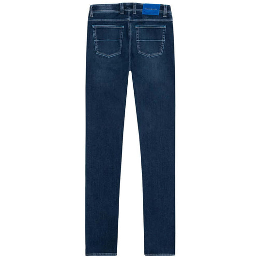 Tramarossa blue cotton men's jeans with stretch, regular fit, five-pocket design, and suede logo patch, rear view.
