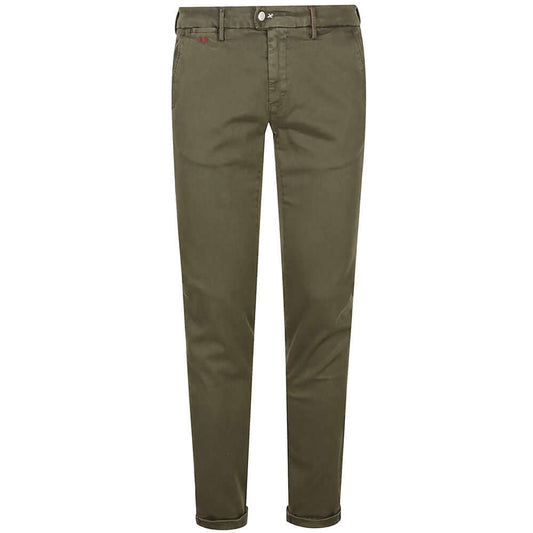 Tramarossa green cotton chino trousers with stretch, two side pockets, back welt pockets, turn-up hem, made in Italy.