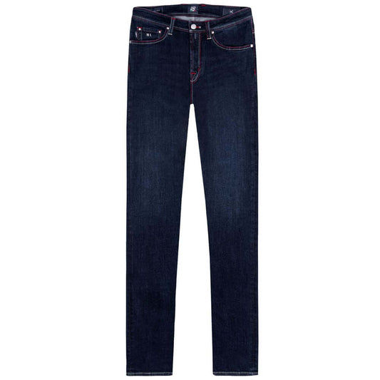 Tramarossa men's dark blue jeans, high-tailoring, stretch cotton, regular fit, five-pockets, red suede patch with metal logo.
