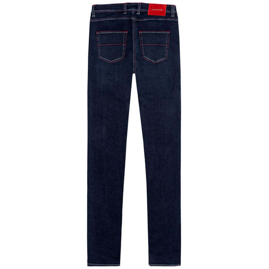 Back view of Tramarossa dark blue cotton jeans for men, featuring five-pocket design and red suede patch with metal logo.