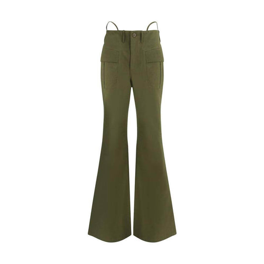 R13 green flare pants with front cargo pockets, button, and zipper closure.