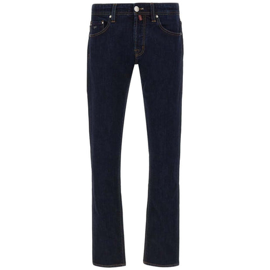 Tramarossa dark blue cotton jeans, regular fit, five-pocket design with blue suede patch and metal logo on back.