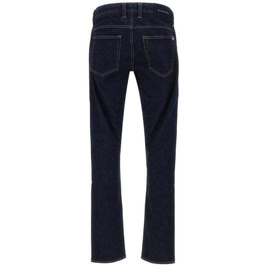 Back view of Tramarossa dark blue cotton jeans with suede patch and metal logo, five-pocket design, regular fit.