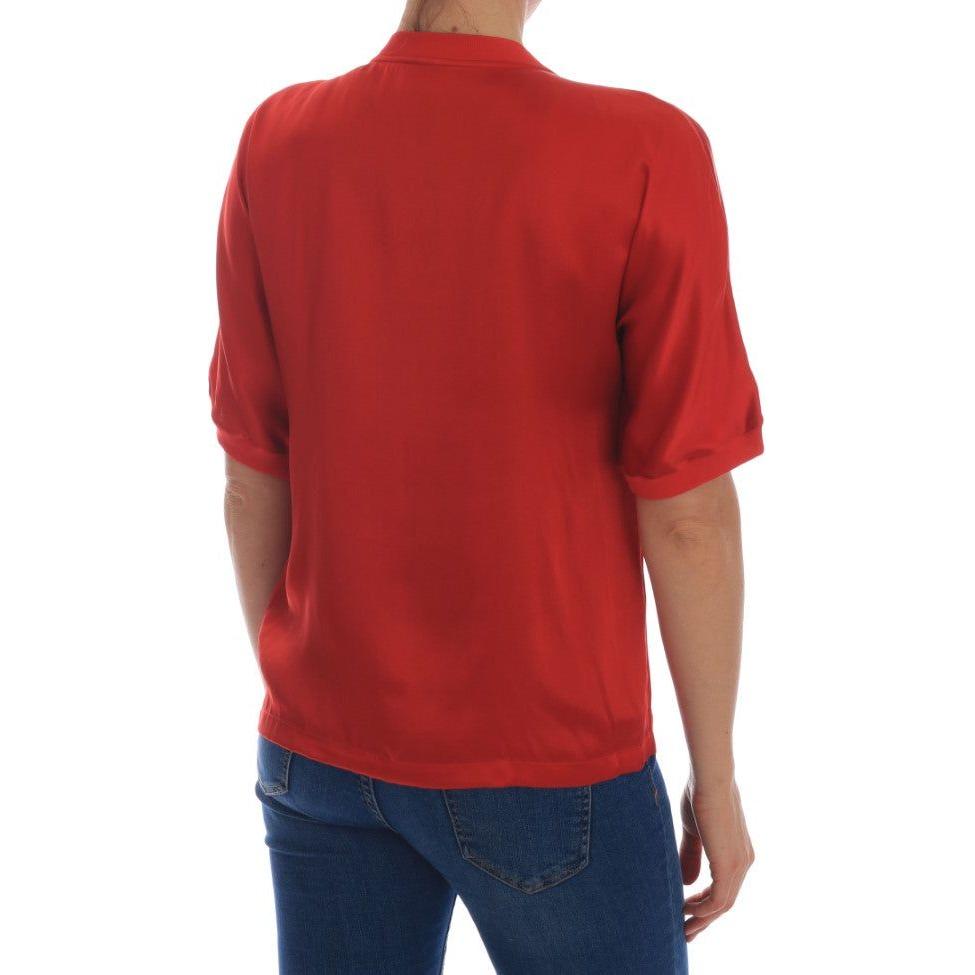 优雅红色丝绸水晶缀饰衬衫