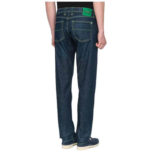 Rear view of Tramarossa blue cotton jeans with green stitching, suede patch, and metallic logo, featuring a five-pocket regular fit.