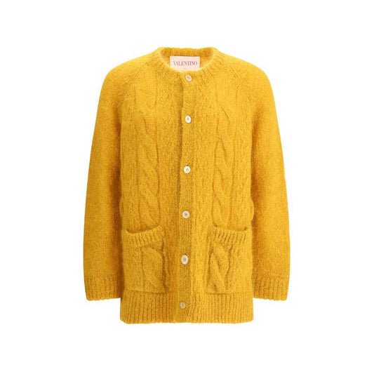 Valentino wool maxi cardigan with ribbed crew neck, button closure, braided design, and patch pockets in vibrant yellow.