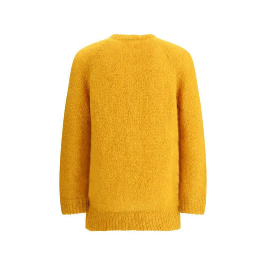 Yellow Valentino wool maxi cardigan with ribbed crew neck and hems, featuring a back view showcasing its refined design.