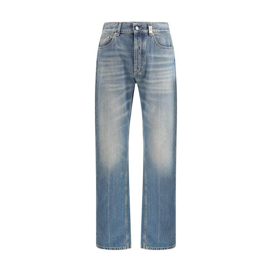 Alexander McQueen high waist straight jeans with skull logo, showcasing classic five-pocket design and button closure.