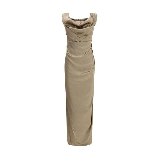 Vivienne Westwood Ginnie Pencil Long Dress with sleeveless design and draped neckline, showcasing satin finish in beige color.