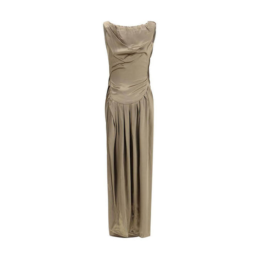 Vivienne Westwood Ginnie Pencil Long Dress with sleeveless design and satin finish, showcasing draped neckline and elegant fit.