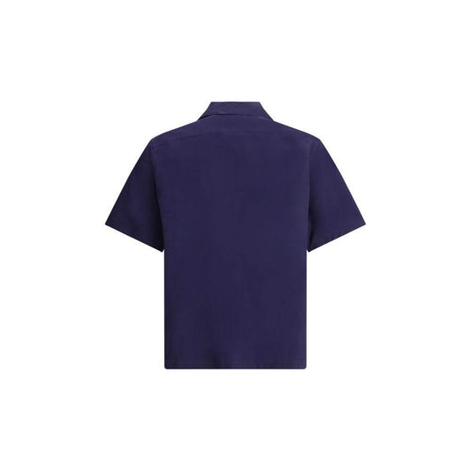 Navy Short-sleeved Prada Cotton Shirt with classic collar and front patch pocket for summer style and comfort.