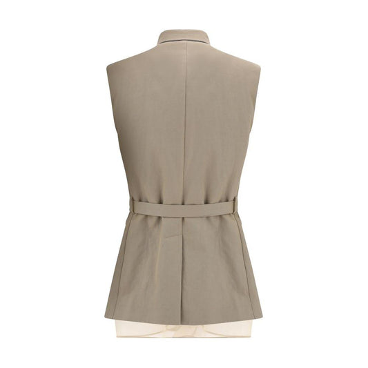 Back view of Brunello Cucinelli cotton vest with high collar, adjustable belt, and monochrome design.
