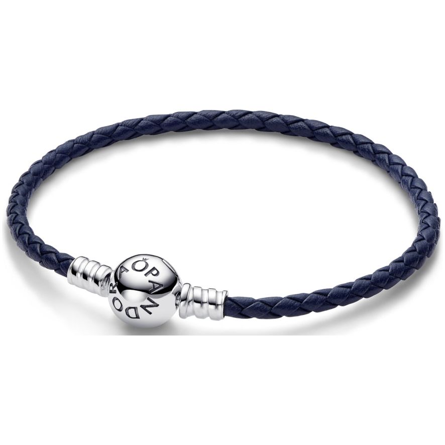PANDORA MOMENTS COLLECTION Mod. ROUND CLASP BLUE BRAIDED LEATHER BRACELET