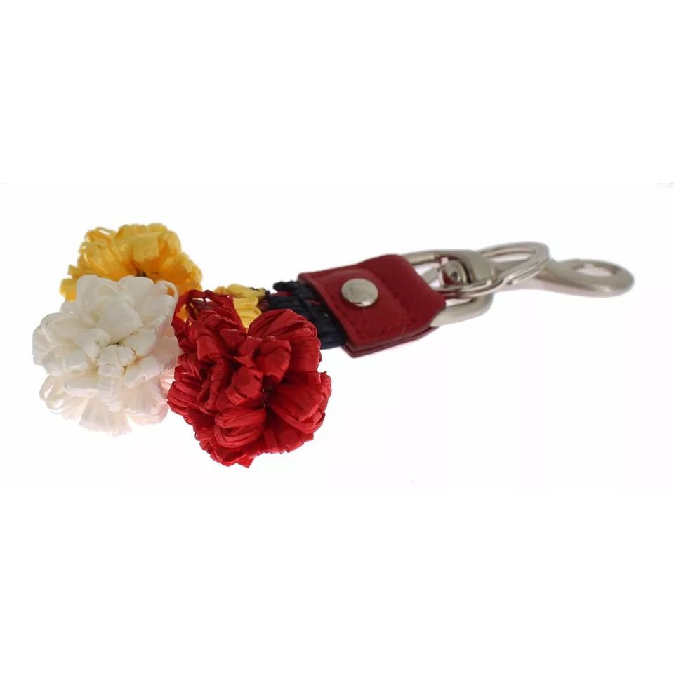 Dolce & Gabbana Silver Brown Raffia Leather Clasp Finder Chain Keyring