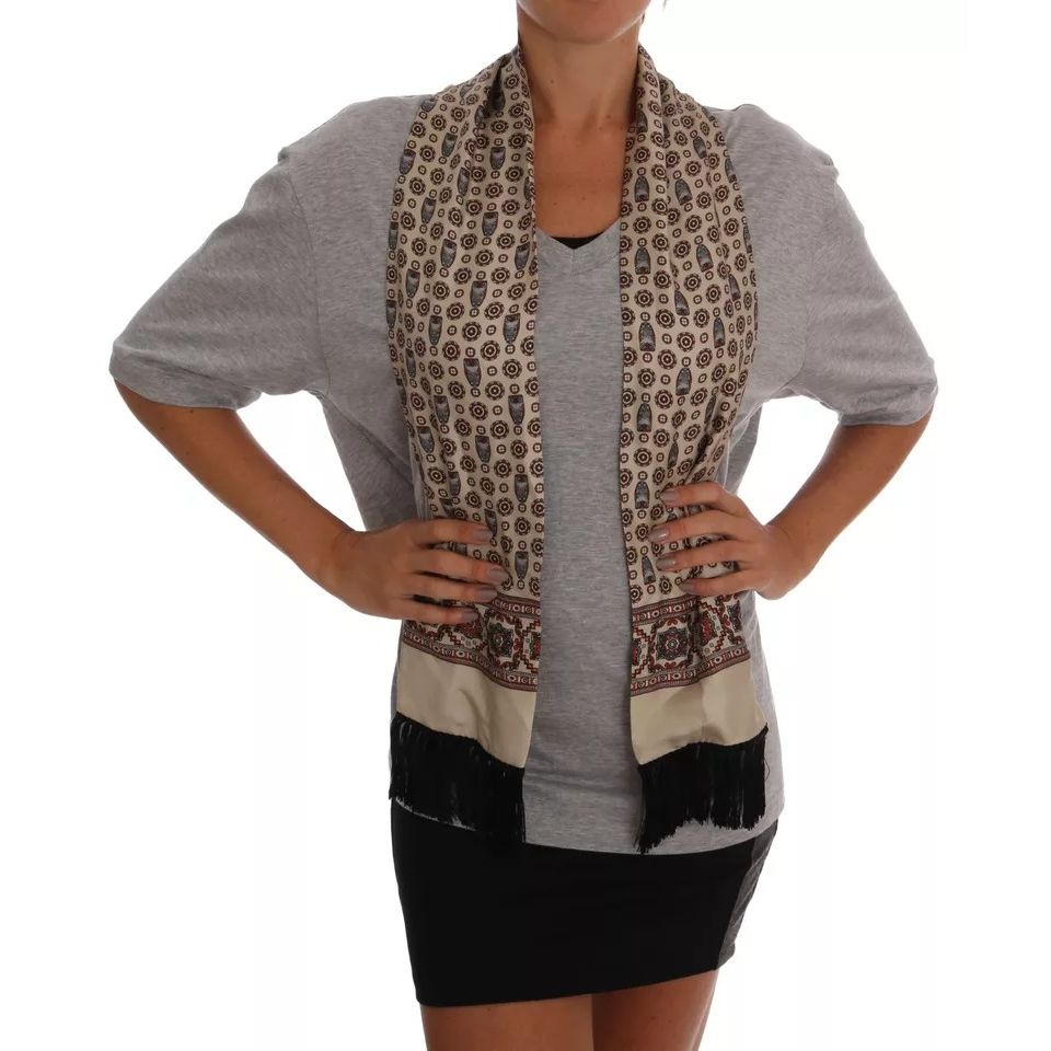 Dolce & Gabbana Gray Cotton Owl Silk Scarf Top T-shirt
