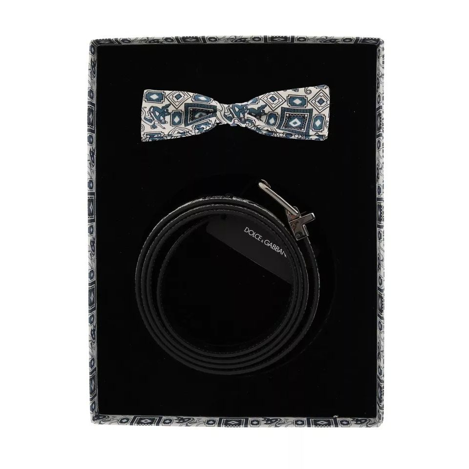 Dolce & Gabbana White Blue Silk Bowtie Leather Belt Gift Box Set