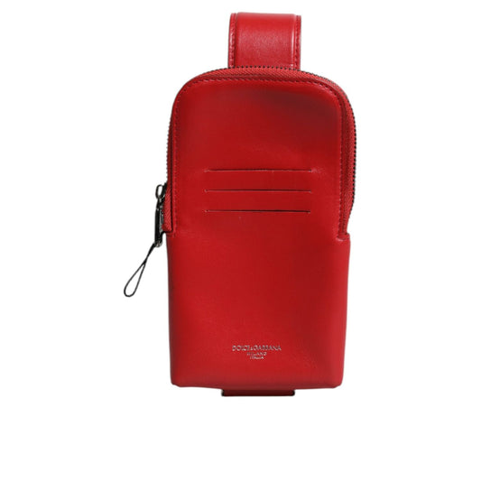 Dolce & Gabbana Red Leather Logo Zip Around Card Holder Wide Strap Wallet BAG4197