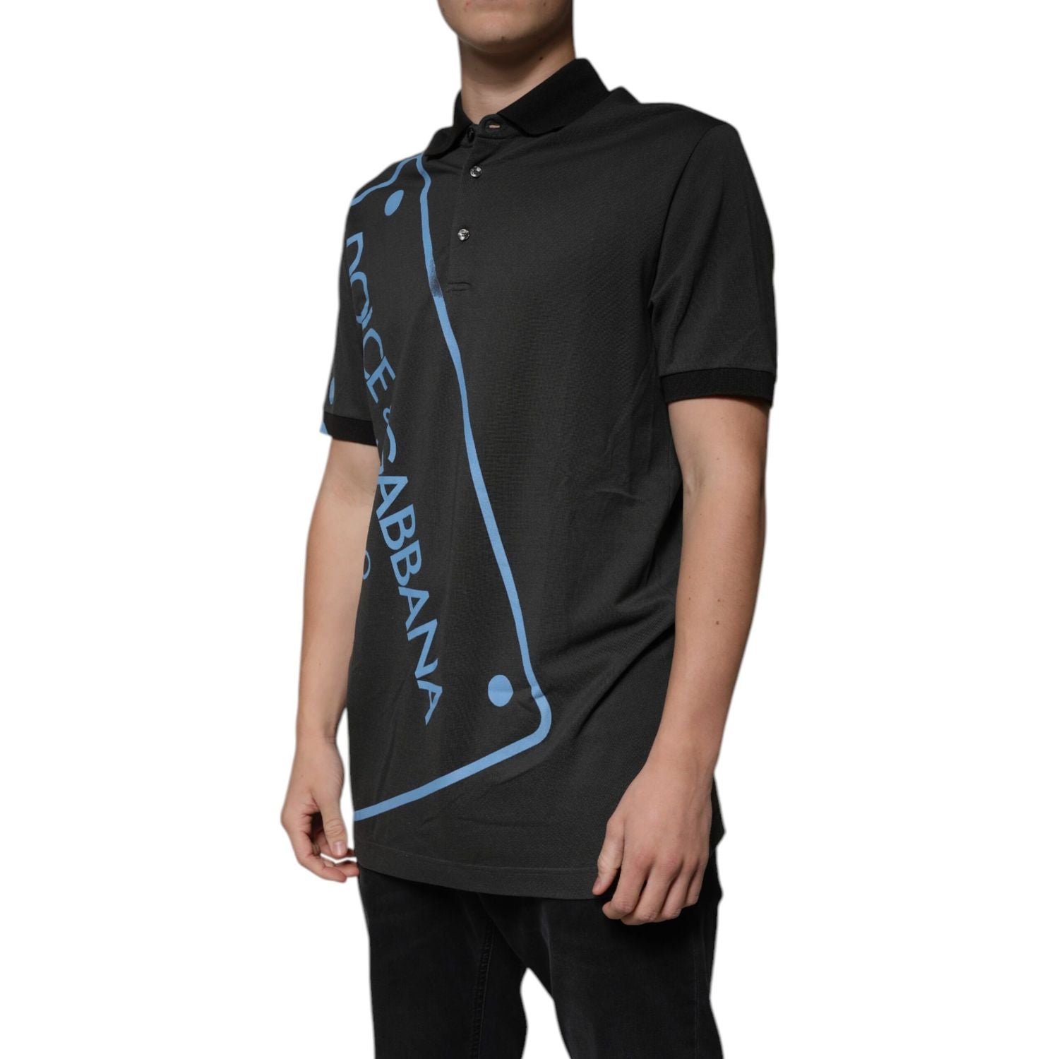 Dolce & Gabbana Black Logo Print Collared Cotton Polo T-shirt