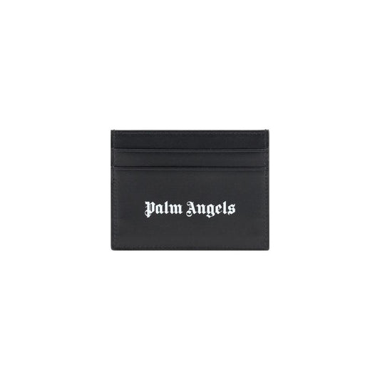 Palm Angels leather card holder with card slots on front and back, featuring iconic brand monogram printed on front in black.