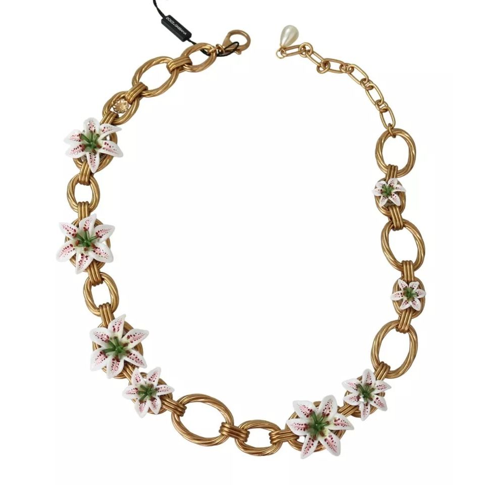 Dolce & Gabbana Gold Brass Oversize Chain LILY Flowers Necklace