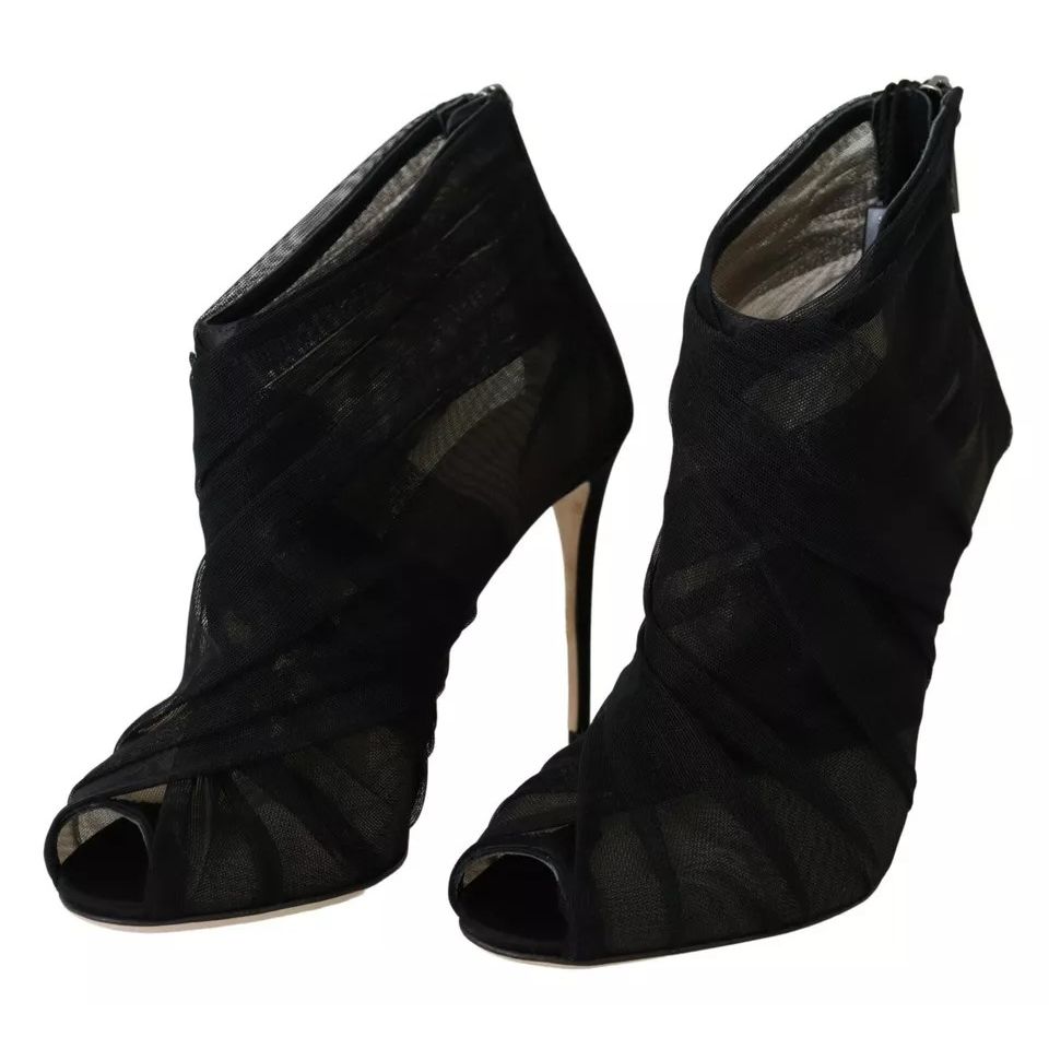 Dolce & Gabbana Black Tulle Ankle Boots Stiletto Heels Shoes