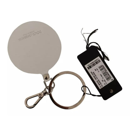 Dolce & Gabbana White Leather Printed Metal Silver Tone Keyring Keychain