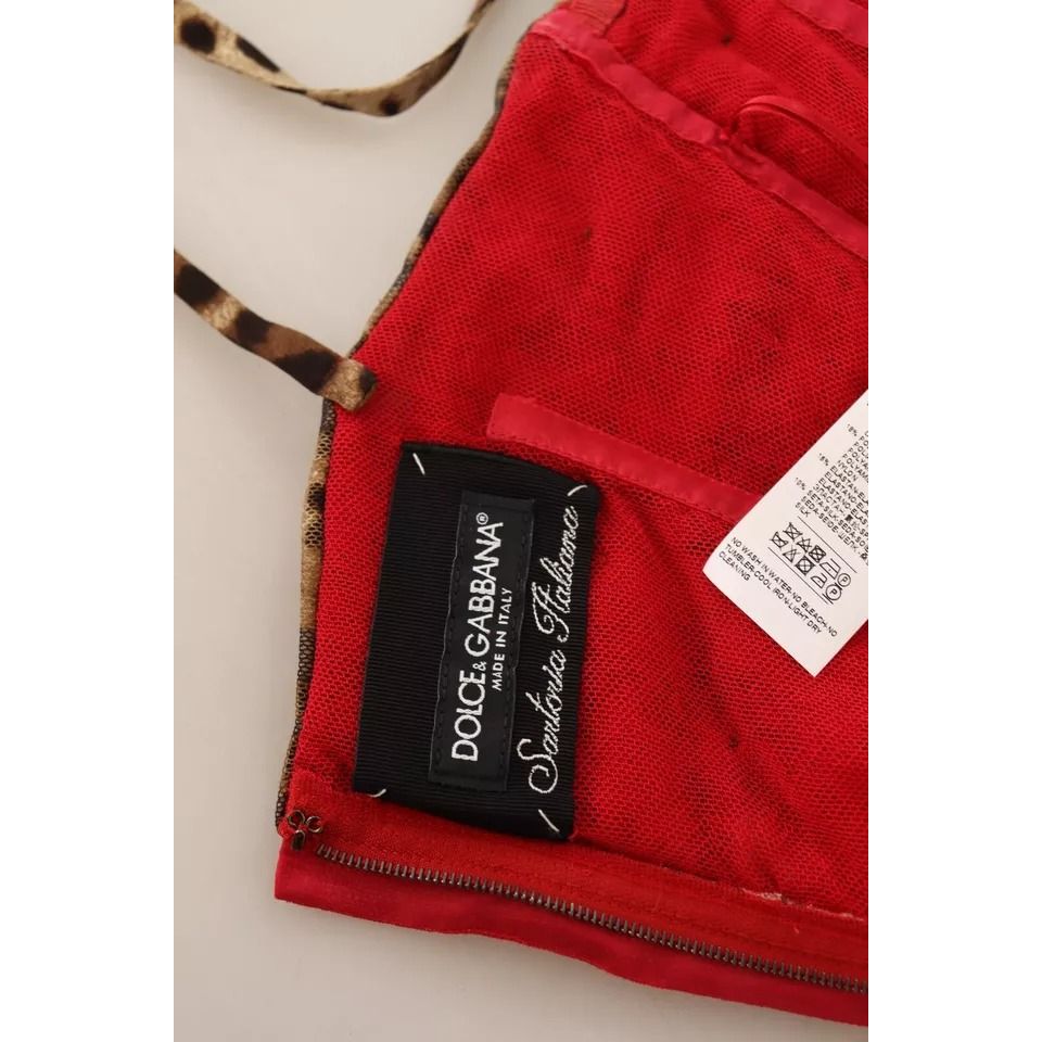 Dolce & Gabbana Brown Leopard Red Tulle Sheath Midi Dress