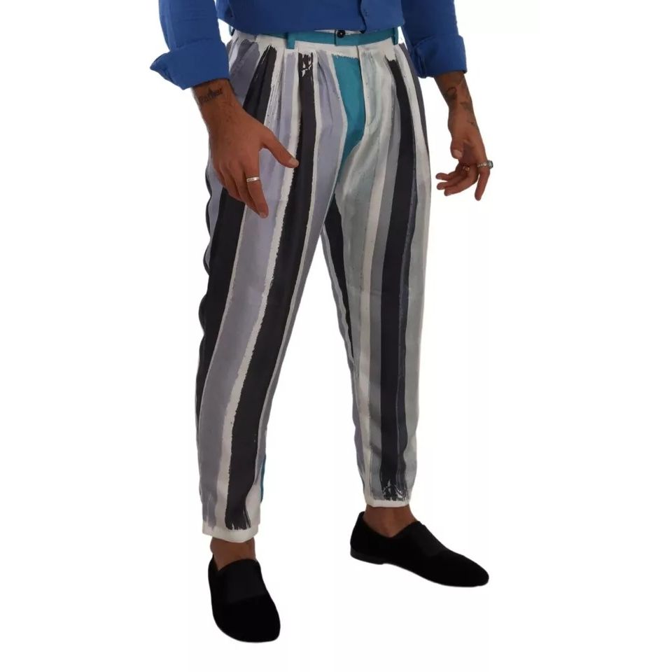 Dolce & Gabbana Blue Striped Silk Tapered Pants