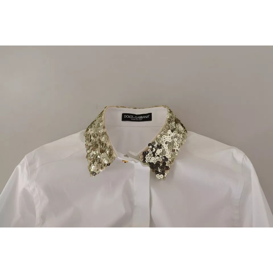 Dolce & Gabbana White Cotton Collared Long Sleeves Sequin Top Shirt