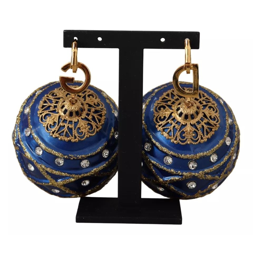 Dolce & Gabbana Gold Brass Blue Christmas Ball Crystal Hook Jewelry Earrings