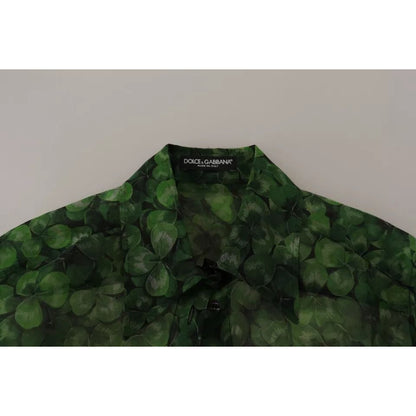Dolce & Gabbana Green Clover Print Long Sleeves Collared Top Blouse