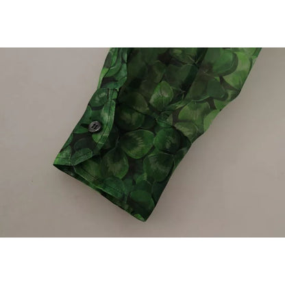 Dolce & Gabbana Green Clover Print Long Sleeves Collared Top Blouse
