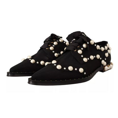 Dolce & Gabbana Black Lace Up Jewelled Formal Flats Shoes