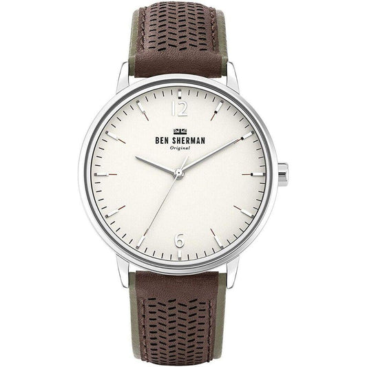 Ben Sherman brown leather watch with white dial and stainless steel case. Quartz analog display. Ideal for stylish, everyday wear.