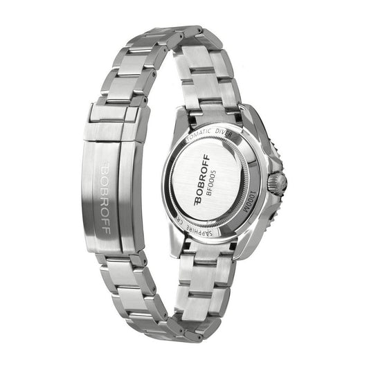 Bobroff silver stainless steel watch with automatic mechanism, sapphire glass, and deployant closure, showcasing the green dial and 100ATM water resistance.
