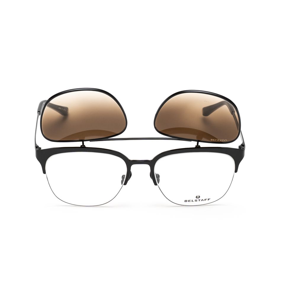 Belstaff Black Titanium Frames with clip-on brown lenses, eyeglasses handmade in Japan, high-grade acetate, UV protection.