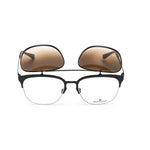 Belstaff Black Titanium Frames with clip-on brown lenses, eyeglasses handmade in Japan, high-grade acetate, UV protection.