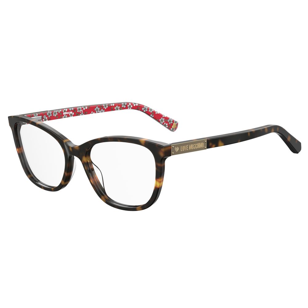 Love Moschino Bicolor Acetate Frames in tortoiseshell with red temple design, model MOL575-086, measures 53/18/140 mm.
