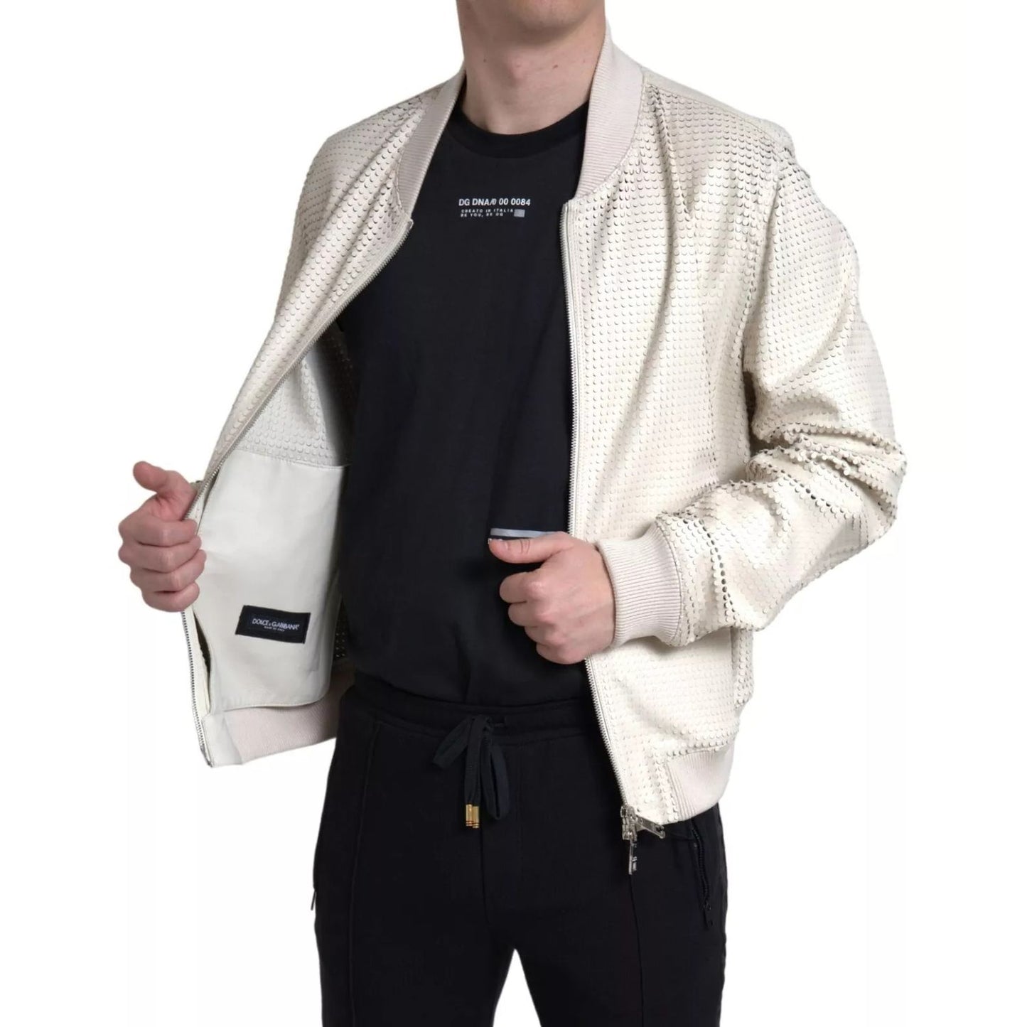 Dolce & Gabbana Off White LeatherPerforated Full Zip Jacket