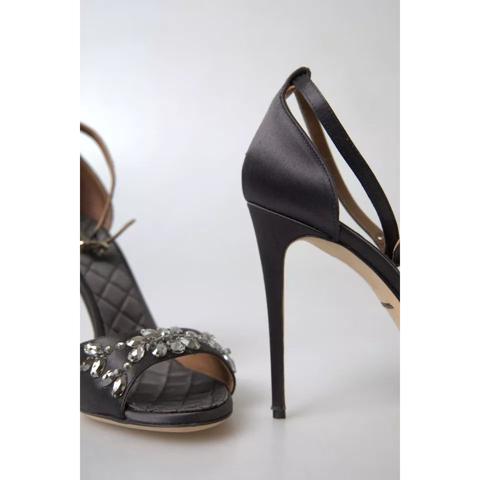 Dolce & Gabbana Gray Satin Ankle Strap Crystal Sandals Shoes