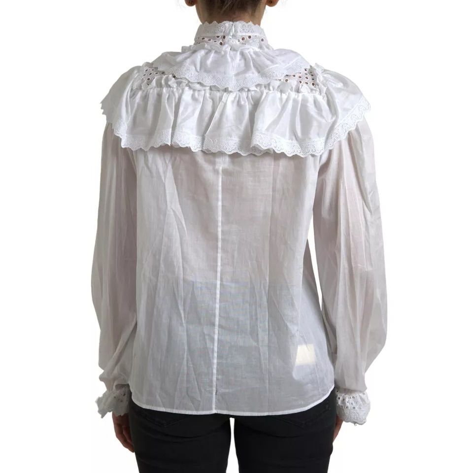 Dolce & Gabbana White Cotton Lace Trim Turtle Neck Blouse