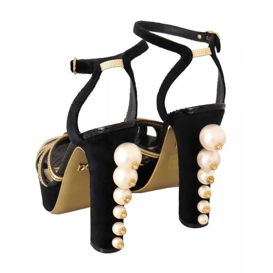 Dolce & Gabbana Black Gold Bianca Faux Pearl Sandals