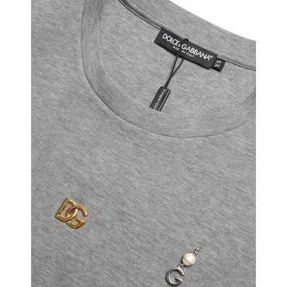 Dolce & Gabbana Gray Cotton Embellished Crew Neck T-shirt