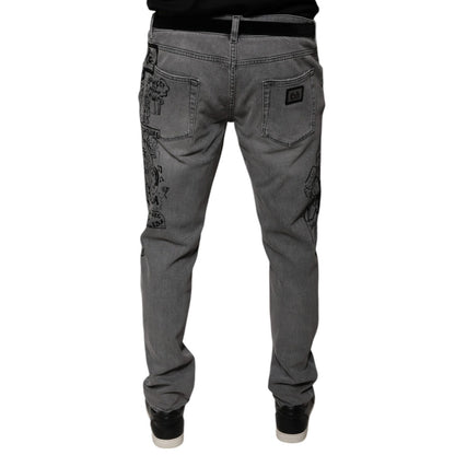 Dolce & Gabbana Gray Graphic Print Cotton Skinny Denim Jeans