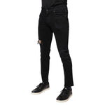 Dolce & Gabbana Black Cotton Tattered Skinny Denim Logo Jeans