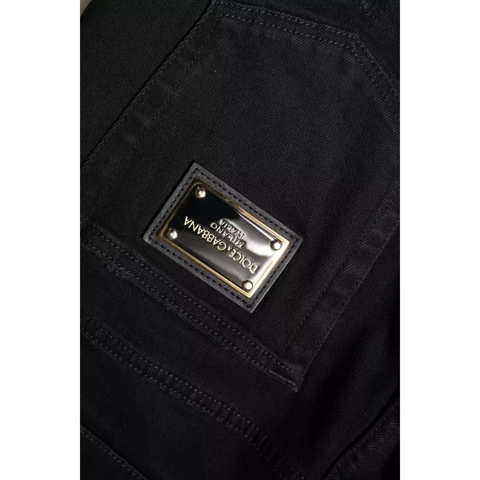 Dolce & Gabbana Black Cotton Tattered Skinny Denim Logo Jeans